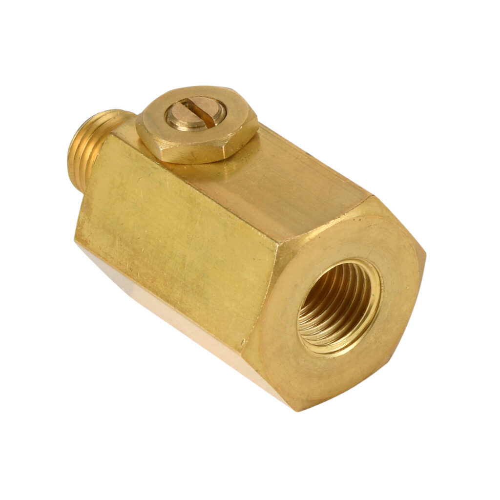 SAS540-ADC - Winters air, water and oil snubber, adjustable brass stem and PTFE seal element, brass body, 1/4in male NPT x 1/4in female NPT.