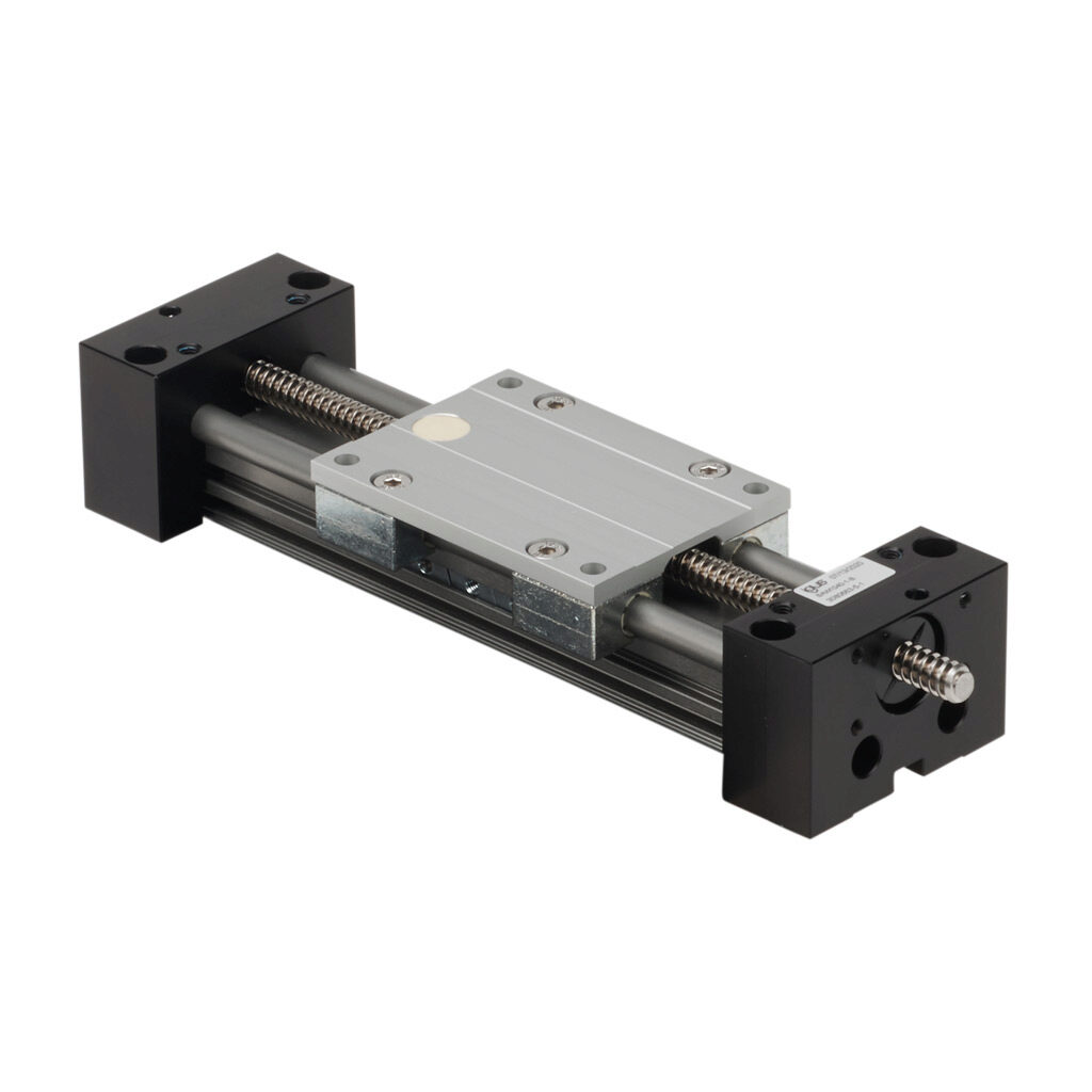 SAW1040-1-B - igus drylin series linear actuator assembly, W1040 twin rail, 74mm wide, 100mm travel, lead screw, 25mm pitch, hard-anodized aluminum rail.