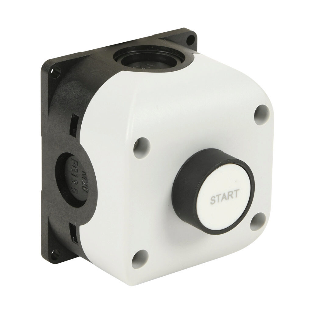 SB114-011-G - Comepi control station, polycarbonate, (1) pushbutton, flush, white, momentary, (1) N.O. contact(s), operator text START.