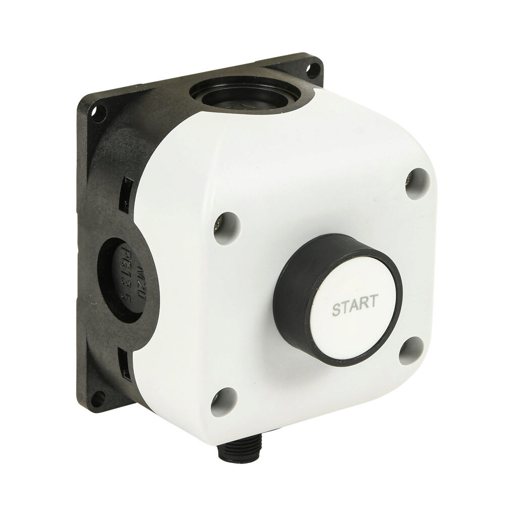 SB114-011-G-M - Comepi control station, polycarbonate, (1) pushbutton, flush, white, momentary, (1) N.O. contact(s), operator text START. Requires 5-pin female M12 cable.