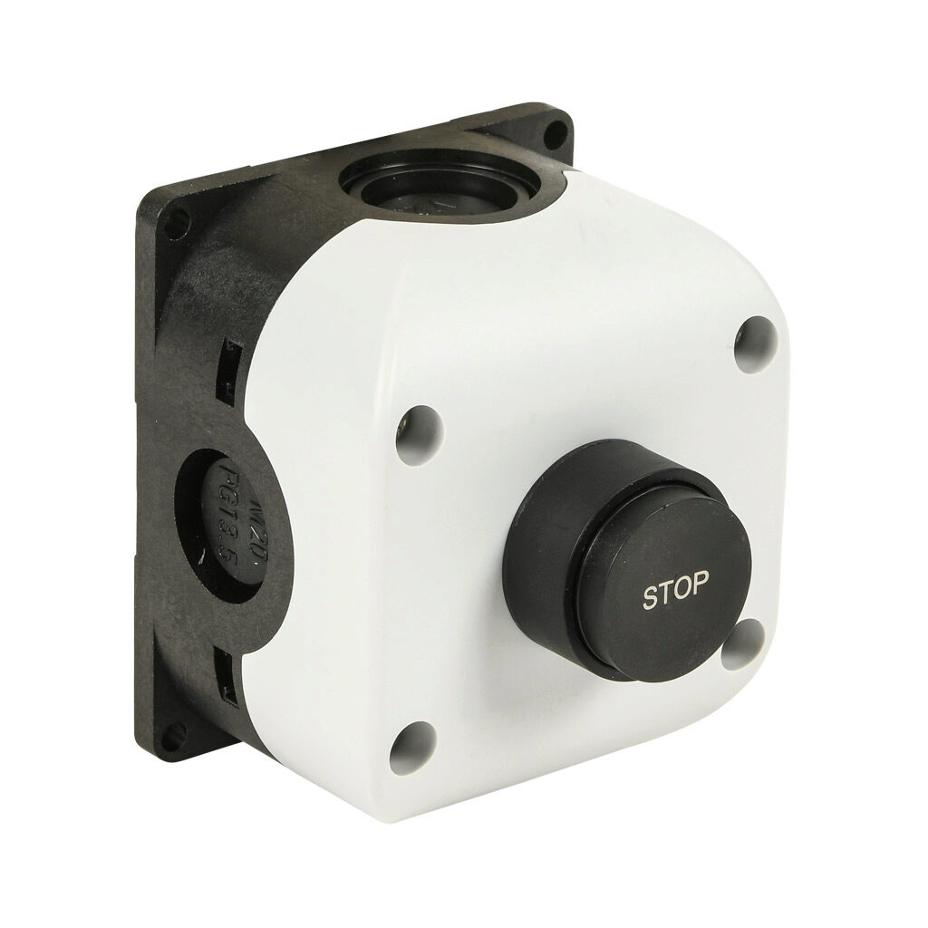 SB114-021-G - Comepi control station, polycarbonate, (1) pushbutton, extended, black, momentary, (1) N.O. contact(s), operator text STOP.