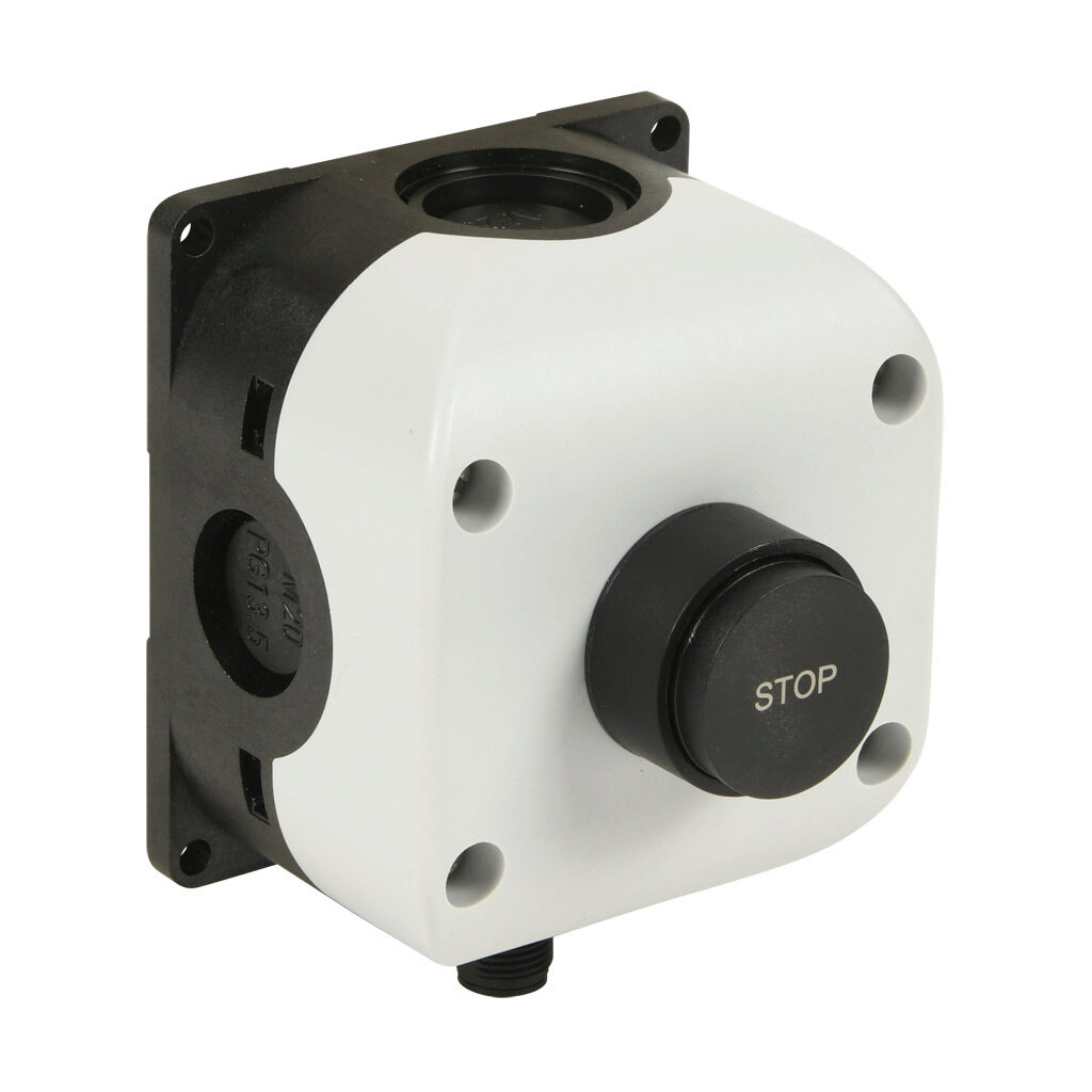 SB114-021-G-M - Comepi control station, polycarbonate, (1) pushbutton, extended, black, momentary, (1) N.O. contact(s), operator text STOP. Requires 5-pin female M12 cable.