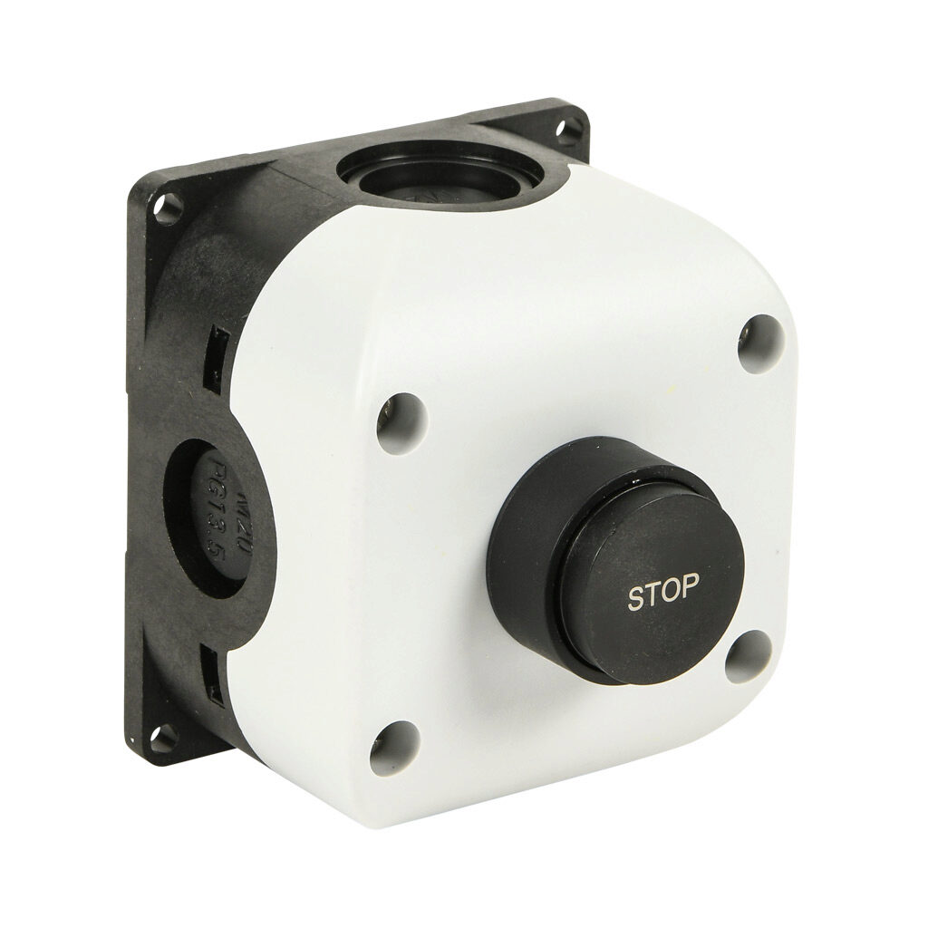SB114-022-G - Comepi control station, polycarbonate, (1) pushbutton, extended, black, momentary, (1) N.C. contact(s), operator text STOP.