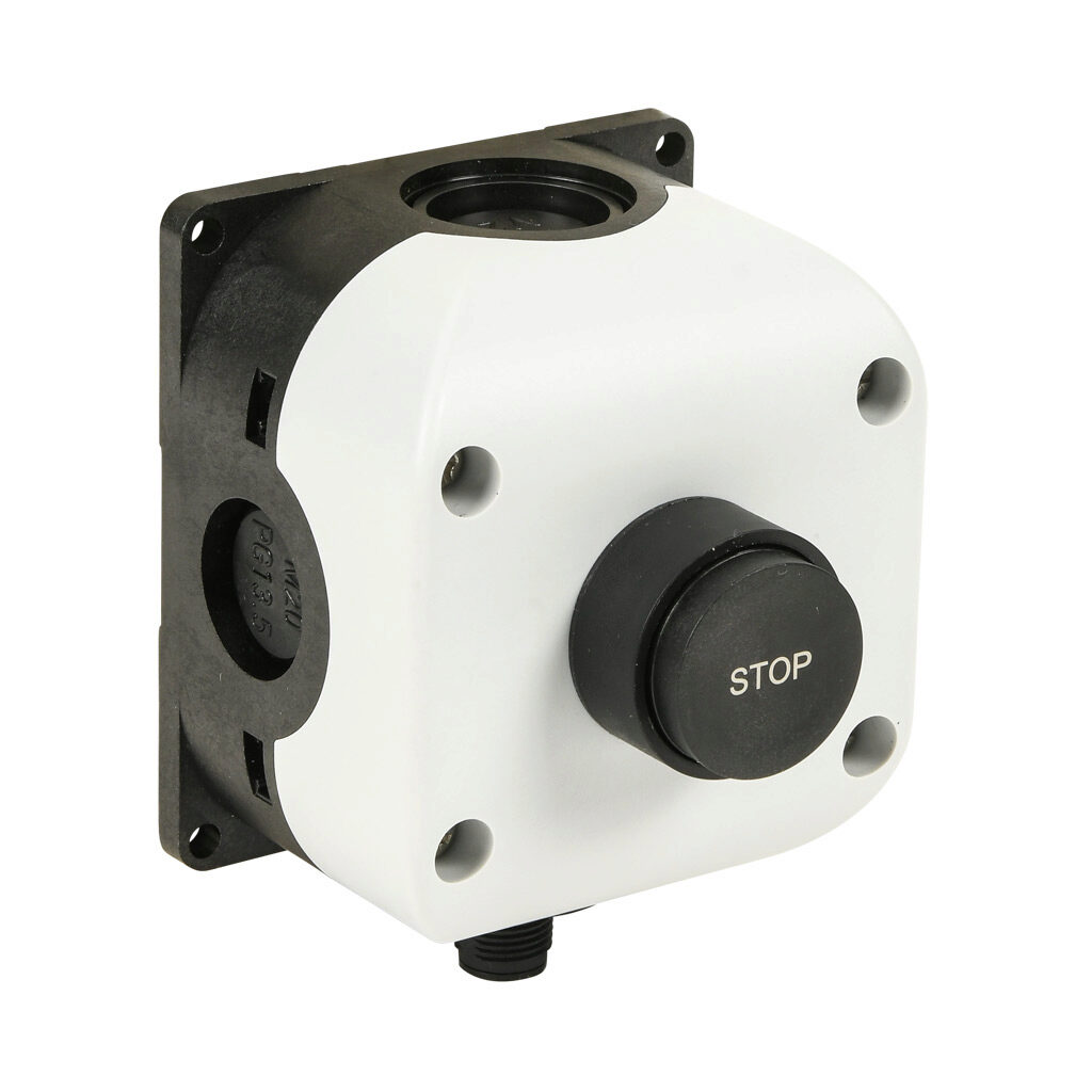 SB114-022-G-M - Comepi control station, polycarbonate, (1) pushbutton, extended, black, momentary, (1) N.C. contact(s), operator text STOP. Requires 5-pin female M12 cable.