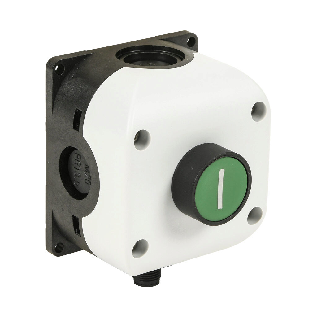 SB114-031-G-M - Comepi control station, polycarbonate, (1) pushbutton, flush, green, momentary, (1) N.O. contact(s), operator text (I). Requires 5-pin female M12 cable.