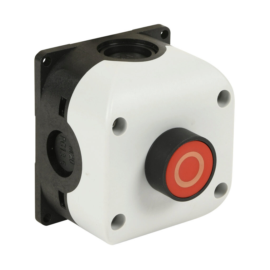 SB114-042-G - Comepi control station, polycarbonate, (1) pushbutton, flush, red, momentary, (1) N.C. contact(s), operator text (O).
