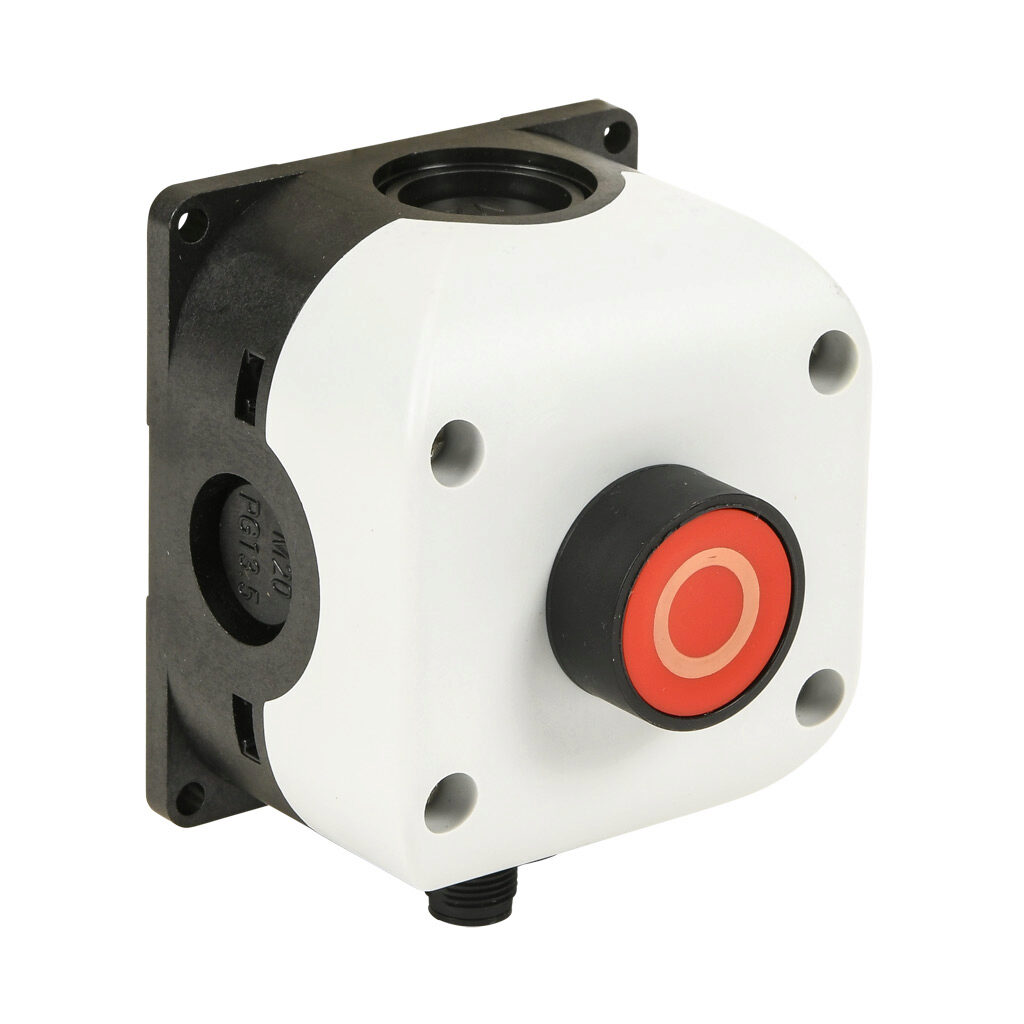 SB114-042-G-M - Comepi control station, polycarbonate, (1) pushbutton, flush, red, momentary, (1) N.C. contact(s), operator text (O). Requires 5-pin female M12 cable.