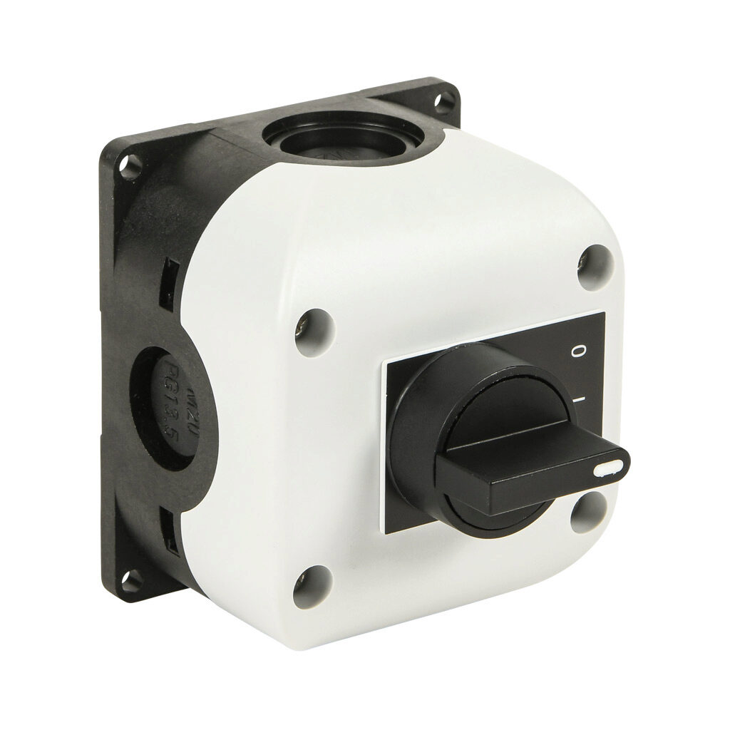 SB114-073-G - Comepi control station, polycarbonate, (1) selector switch, knob, 3-position, black, maintained, (2) N.O. contact(s), legend plate marking "O -I -2".
