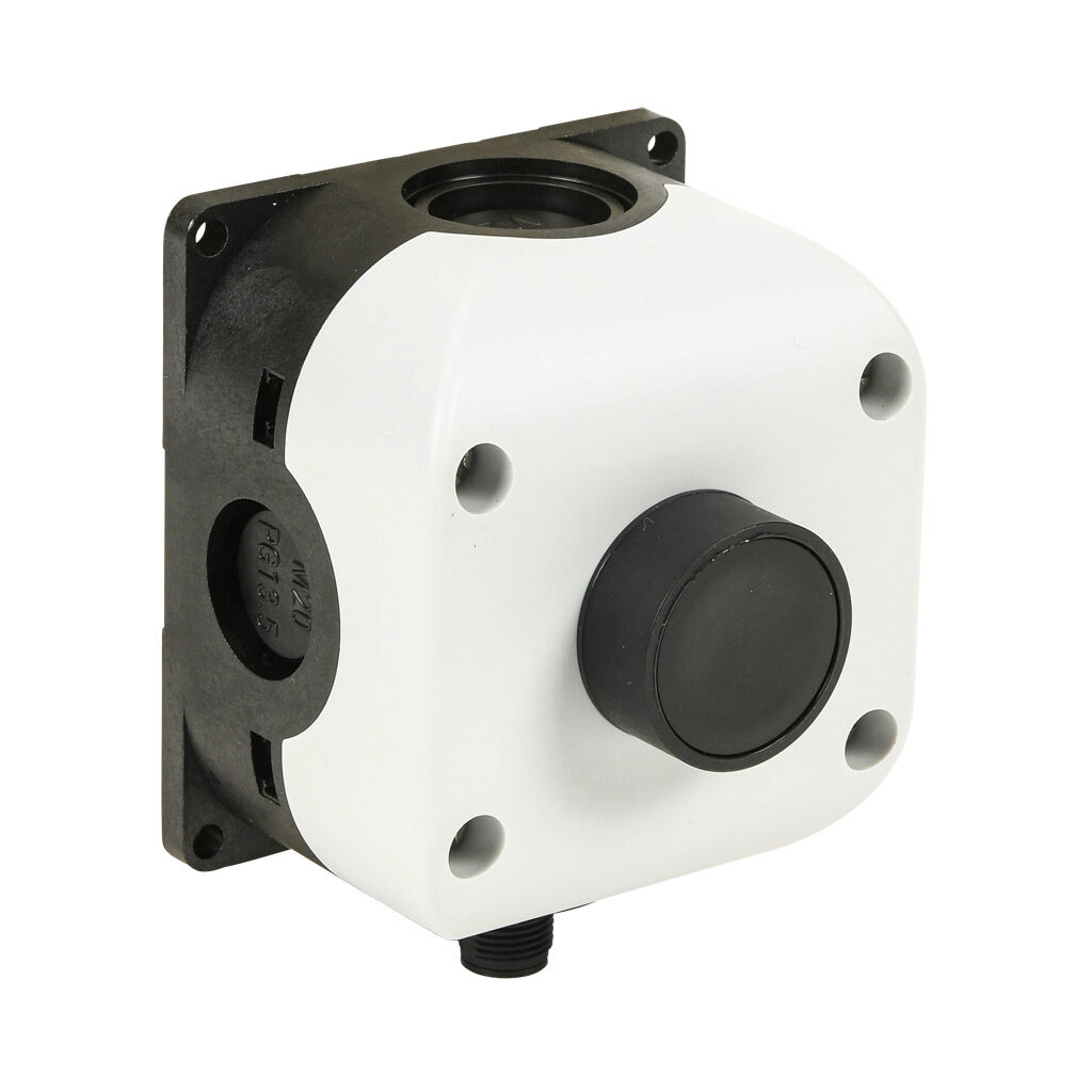 SB114-081-G-M - Comepi control station, polycarbonate, (1) pushbutton, flush, black, momentary, (1) N.O. contact(s). Requires 5-pin female M12 cable.