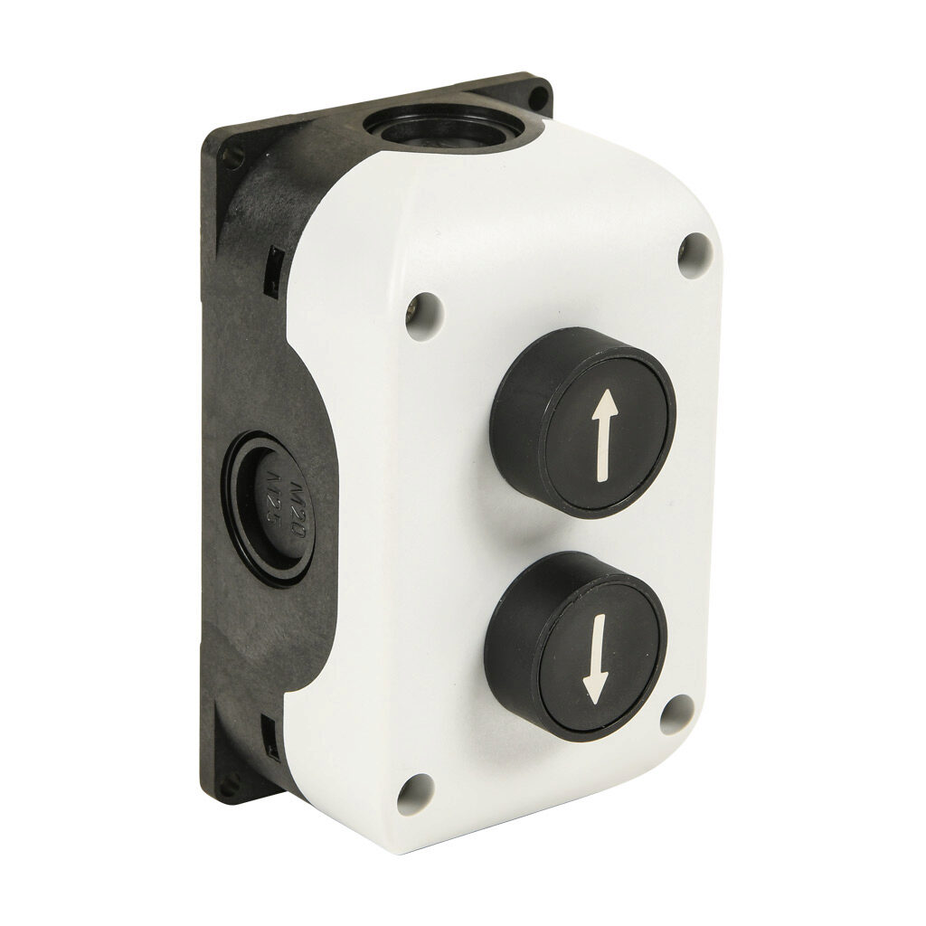 SB214-013-G - Comepi control station, polycarbonate, (2) pushbuttons, multi-operator, black/black, momentary, (1) N.O. and (1) N.O. contact(s), operator text up arrow and down arrow.
