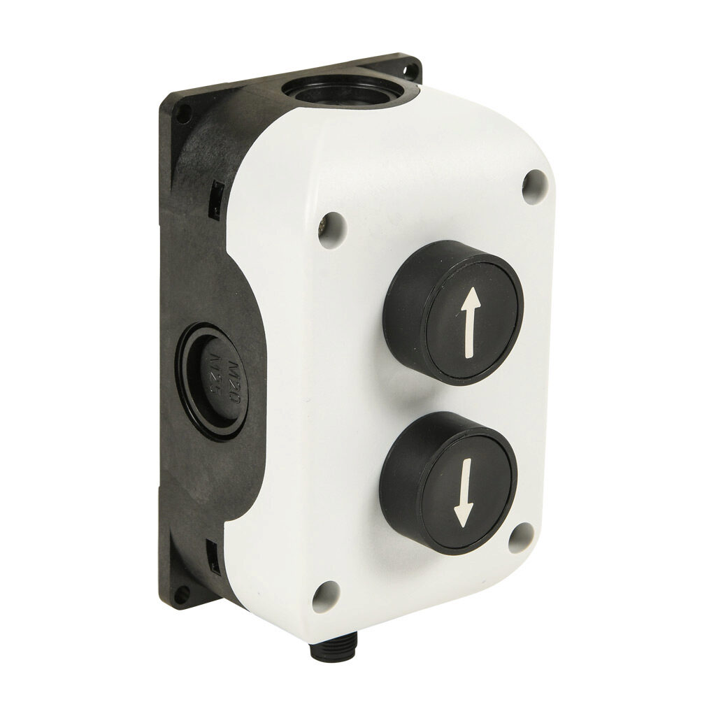 SB214-013-G-M - Comepi control station, polycarbonate, (2) pushbuttons, multi-operator, black/black, momentary, (1) N.O. and (1) N.O. contact(s), operator text up arrow and down arrow. Requires 5-pin female M12 cable.
