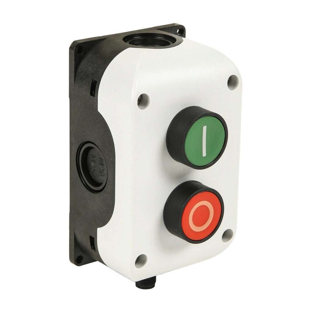 SB214-024-G-M - Comepi control station, polycarbonate, (2) pushbuttons, multi-operator, red/green, momentary, (1) N.O. and (1) N.C. contact(s), operator text (I) and (0). Requires 5-pin female M12 cable.