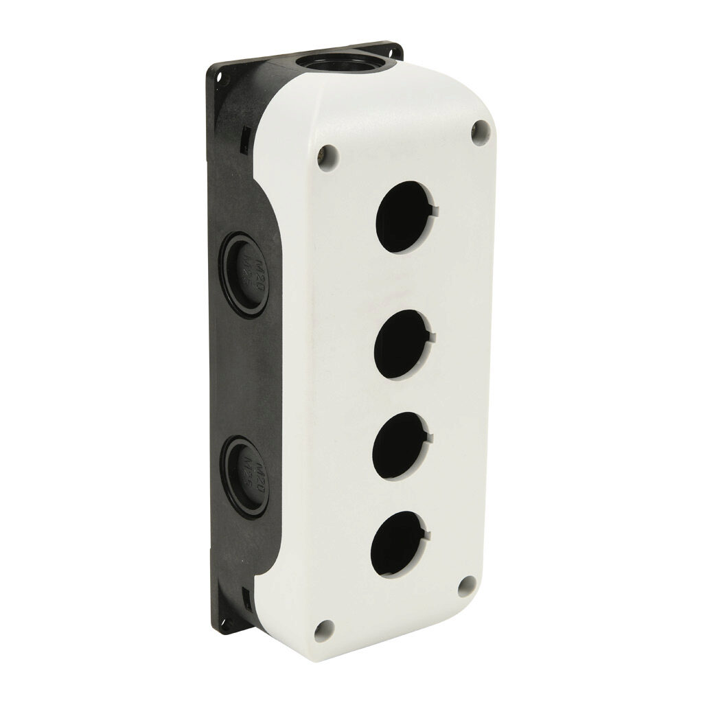 SB414 - Comepi SB series pushbutton enclosure, 4 holes, 22mm, 189 x 72 x 53mm (HxWxD), wall mount, with knockouts, fiberglass-reinforced polycarbonate, black body / gray cover, screw cover.