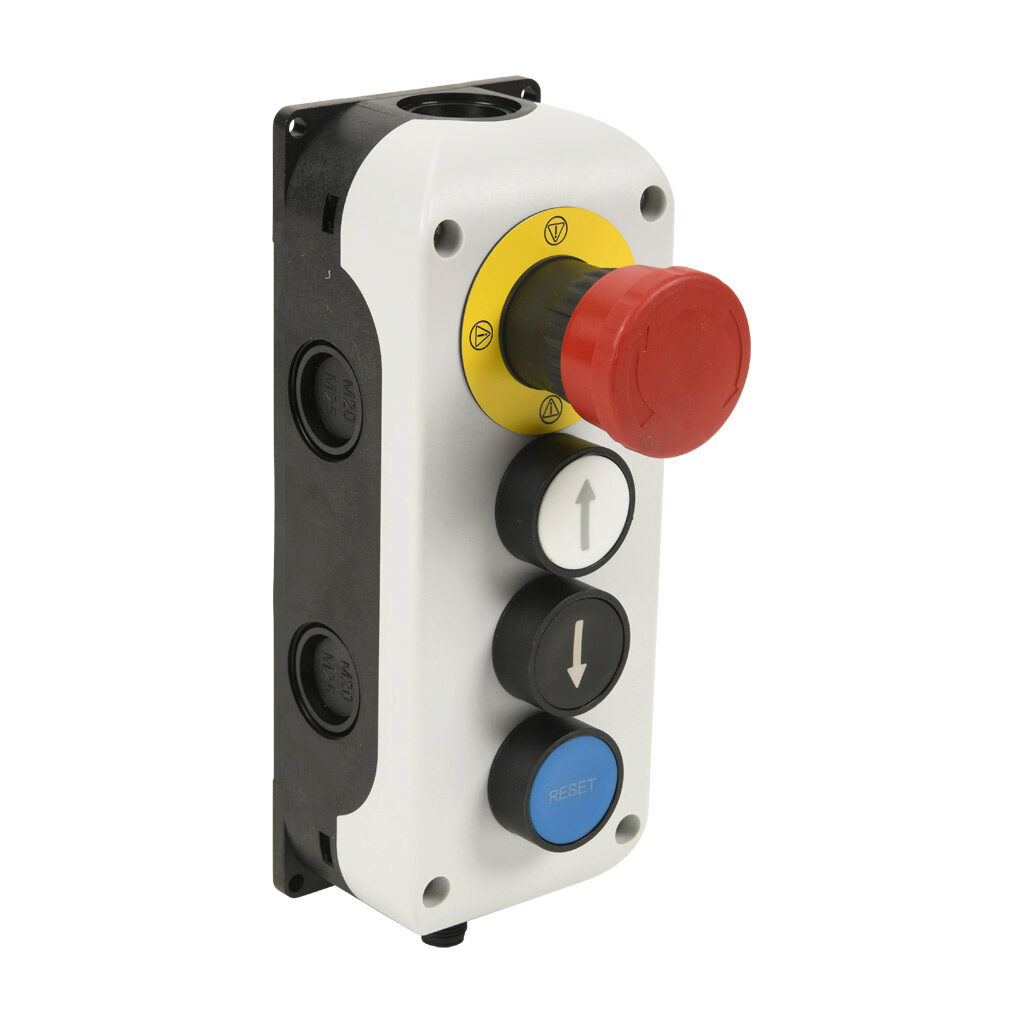 SB414-01B-G-M - Comepi control station, polycarbonate, (4) pushbuttons, multi-operator, red/white/black/blue, twist-to-release/momentary, (1) N.C., (1) N.O., (1) N.O. and (1) N.O. contact(s), operator text arrow, up arrow, down arrow and RESET. Re...