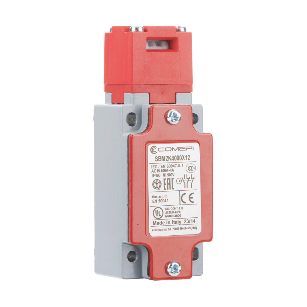 SBM2K4000X12 - Comepi safety switch, tongue (key) interlock, 90-degree adjustable head, (2) N.C. safety output(s), (1) N.O. monitoring output(s), 40 x 113 x 43mm, die-cast aluminum body, thermoplastic head.