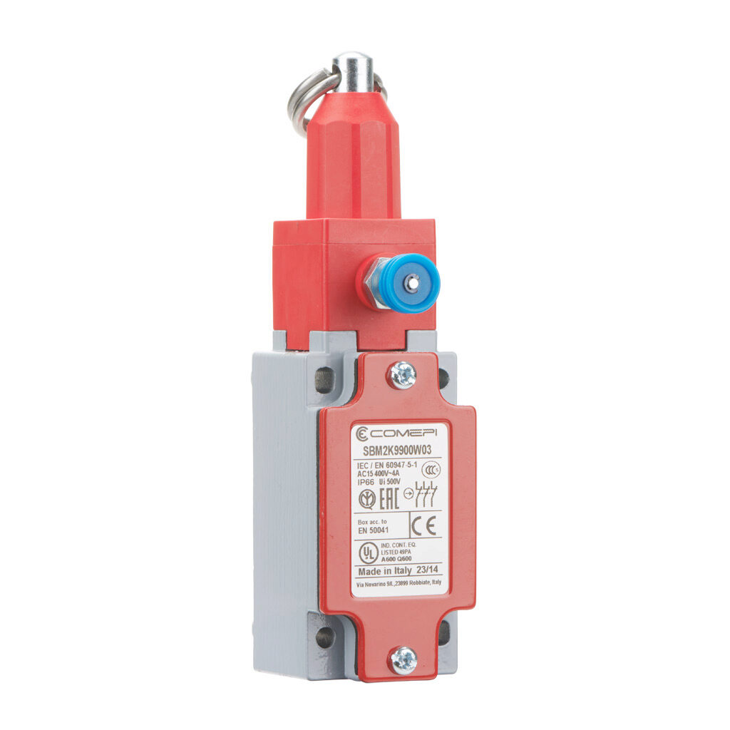 SBM2K9900W03 - Comepi safety switch, cable-pull interlock, with reset, 25m maximum pull cable length, (3) N.C. safety output(s), die-cast aluminum body, thermoplastic head, (1) 1/2in NPT cable entry.