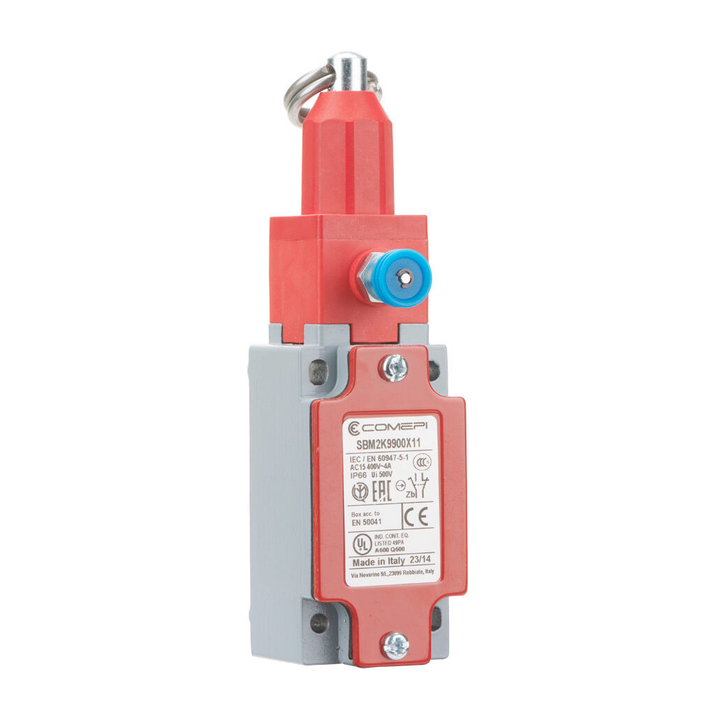 SBM2K9900X11 - Comepi safety switch, cable-pull interlock, with reset, 25m maximum pull cable length, (1) N.C. safety output(s), (1) N.O. monitoring output(s), die-cast aluminum body, thermoplastic head, (1) 1/2in NPT cable entry.