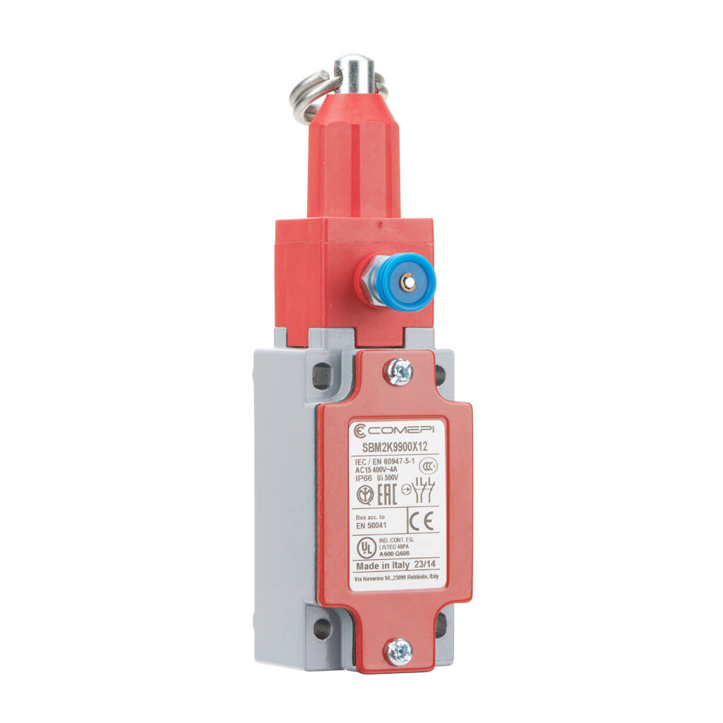 SBM2K9900X12 - Comepi safety switch, cable-pull interlock, with reset, 25m maximum pull cable length, (2) N.C. safety output(s), (1) N.O. monitoring output(s), die-cast aluminum body, thermoplastic head, (1) 1/2in NPT cable entry.