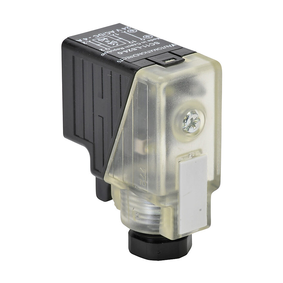 SC11-LS24-0 - Murrelektronik field wireable solenoid valve connector, 11mm DIN style molded connector, 24 VAC/VDC, 16-12 AWG, accepts cable diameter size 0.24-0.32in, surge protection, LED indication.