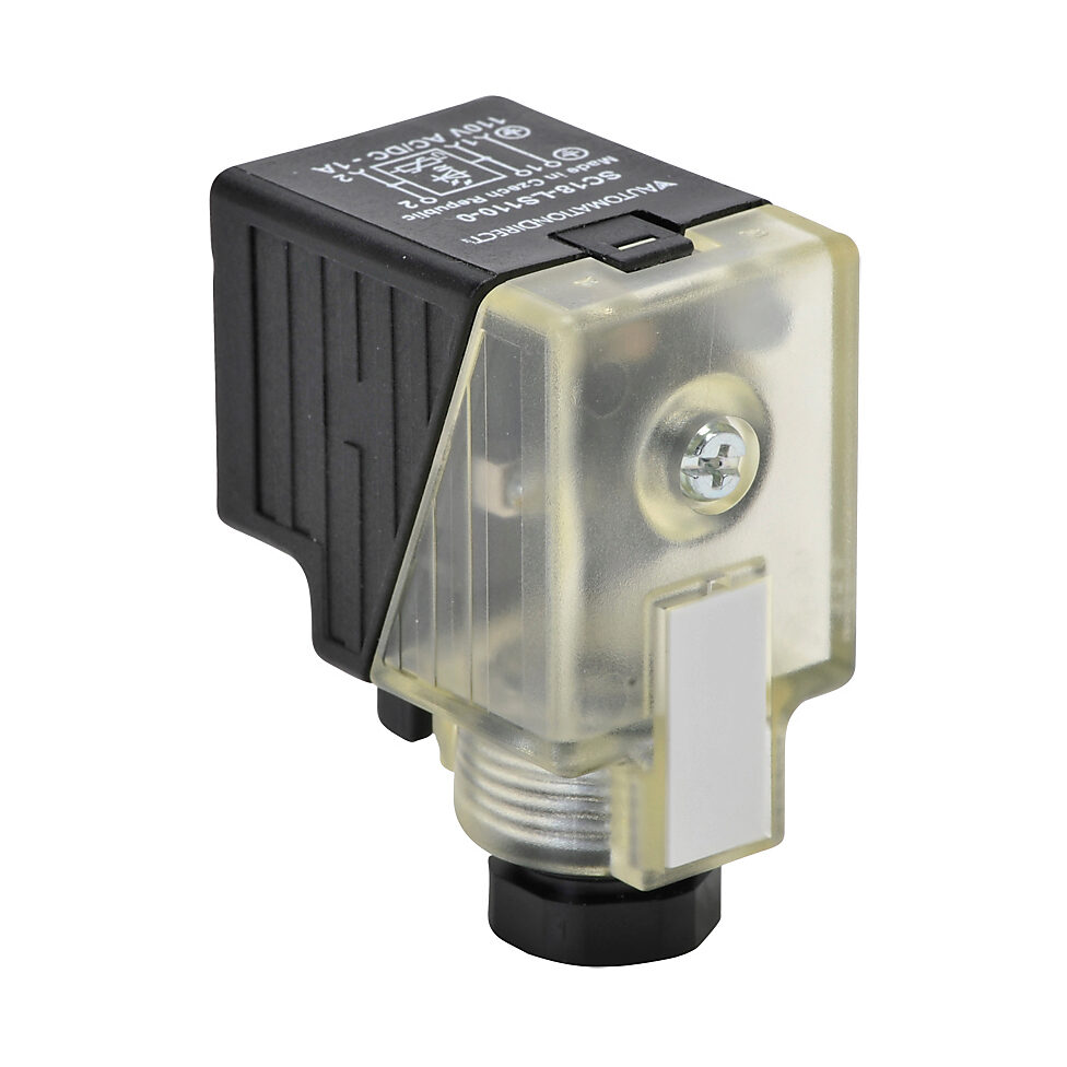SC18-LS110-0 - Murrelektronik field wireable solenoid valve connector, 18mm DIN 43650 Form A molded connector, 110 VAC/VDC, 16-12 AWG, accepts cable diameter size 0.24-0.32in, surge protection, LED indication.