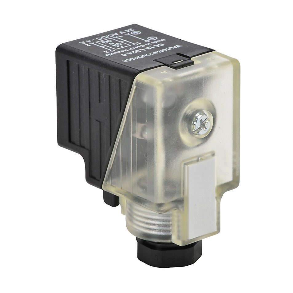 SC18-LS24-0 - Murrelektronik field wireable solenoid valve connector, 18mm DIN 43650 Form A molded connector, 24 VAC/VDC, 16-12 AWG, accepts cable diameter size 0.24-0.32in, surge protection, LED indication.