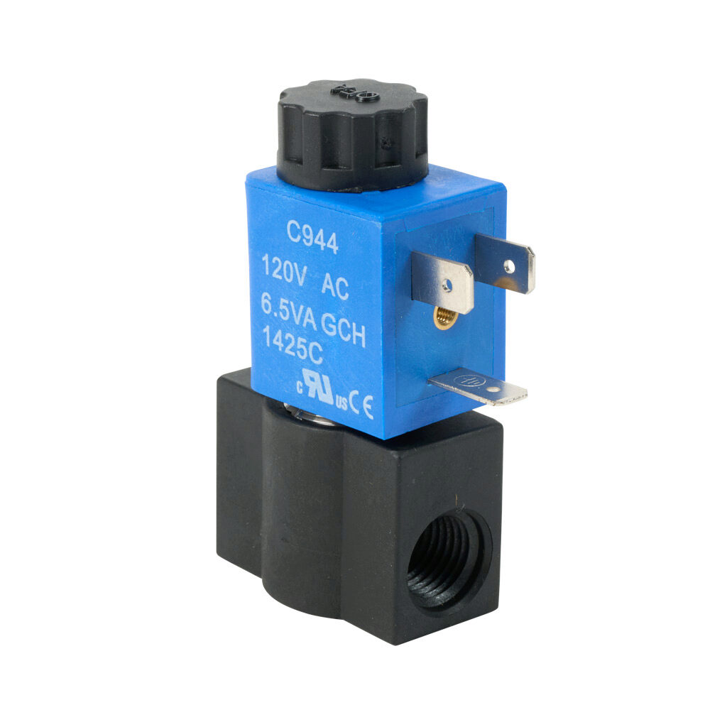 SC311YH02VIBA5 - CFA solenoid valve, 2-port (2-way), 2-position, N.C., nylon body, Viton seal(s), 1/4in female NPT inlet(s), 1/4in female NPT outlet(s), Cv=0.28, 0 psi minimum operating pressure, 120 VAC operating voltage, 11mm DIN style wiring plug.
