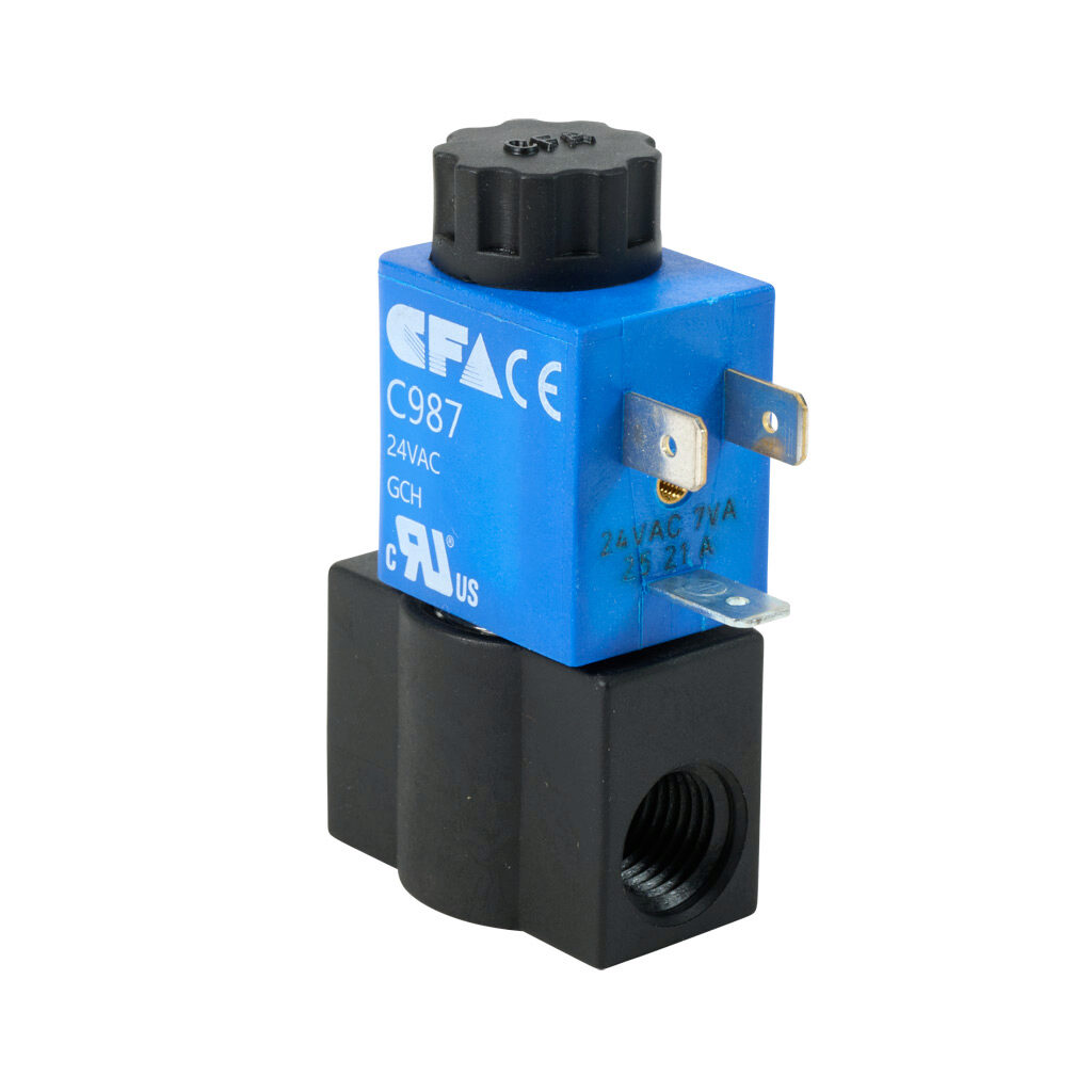 SC311YH24VIBA5 - CFA solenoid valve, 2-port (2-way), 2-position, N.C., nylon body, Viton seal(s), 1/4in female NPT inlet(s), 1/4in female NPT outlet(s), Cv=0.14, 0 psi minimum operating pressure, 24 VAC operating voltage, 11mm DIN style wiring plug.