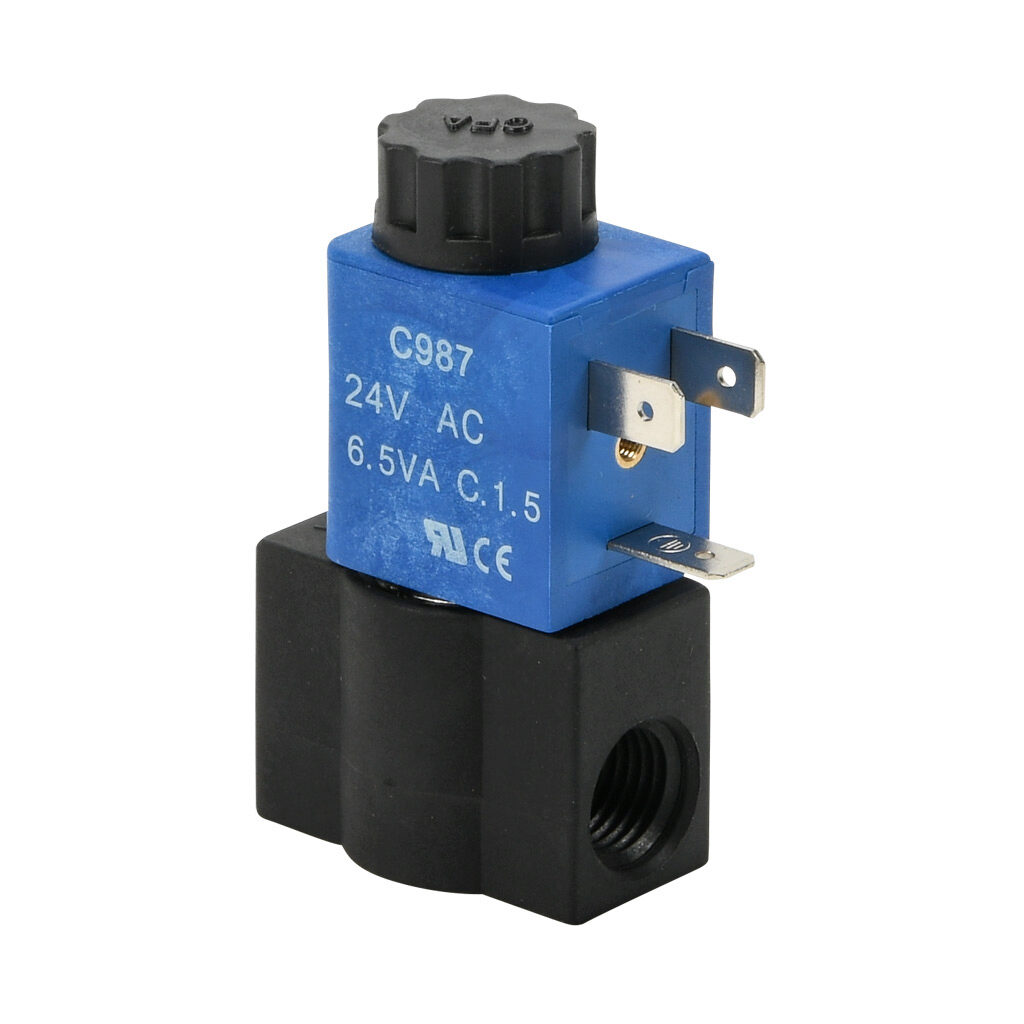 SC311YN24VIBA5 - CFA solenoid valve, 2-port (2-way), 2-position, N.C., nylon body, Viton seal(s), 1/4in female NPT inlet(s), 1/4in female NPT outlet(s), Cv=0.14, 0 psi minimum operating pressure, 24 VAC operating voltage, 11mm DIN style wiring plug.