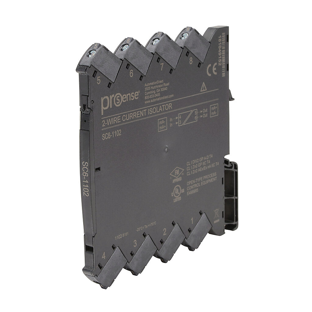 SC6-1102 - ProSense signal conditioner, isolated, Input: 1-channel, current, 3.5-23 mA, Output: 1-channel, loop powered current, 3.5-23 mA, 6-35 VDC operating voltage, 35mm DIN rail mount.
