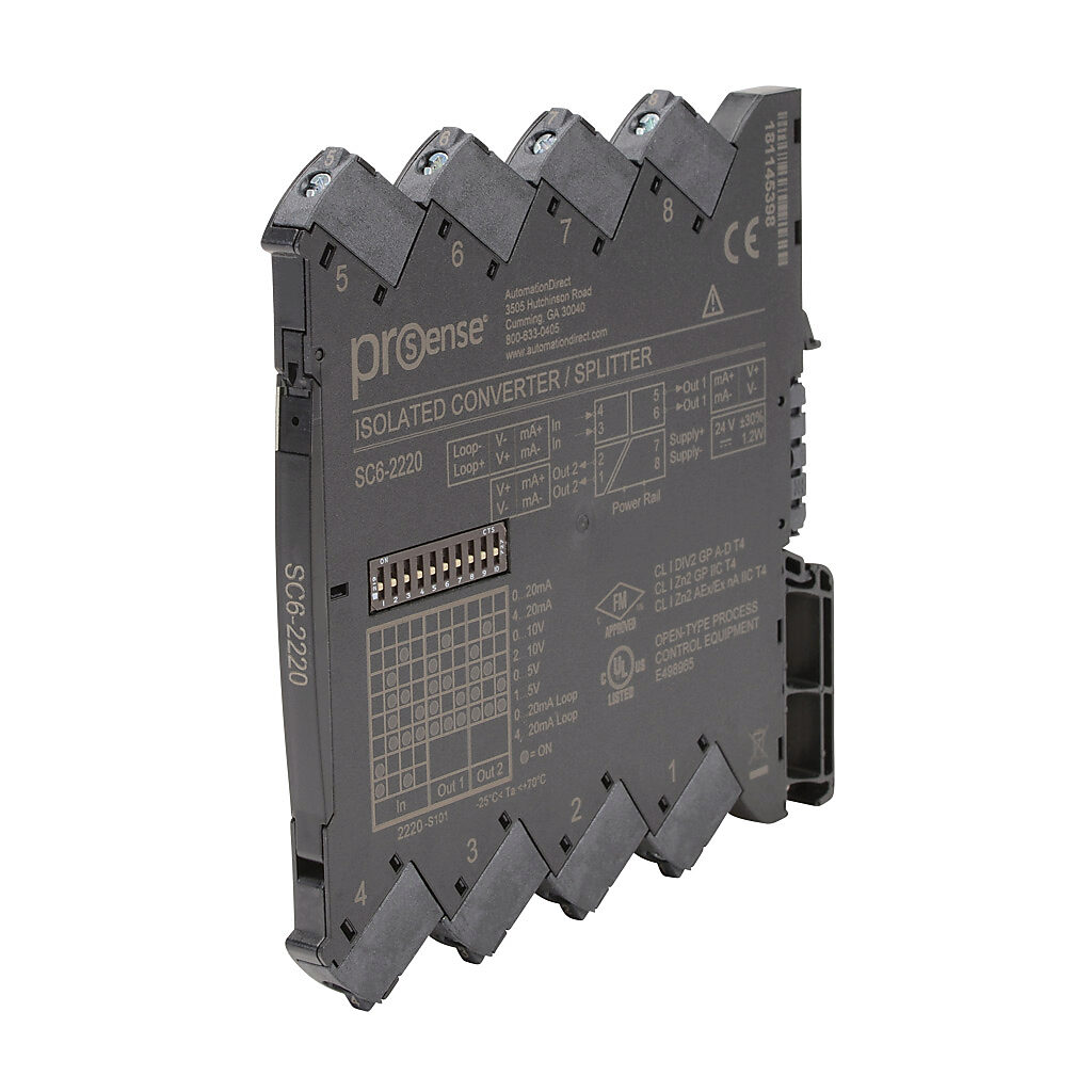 SC6-2220 - ProSense signal conditioner, isolated, Input: 1-channel, current or voltage, Output: 2-channel, current/voltage, 24 VDC operating voltage, 35mm DIN rail mount.
