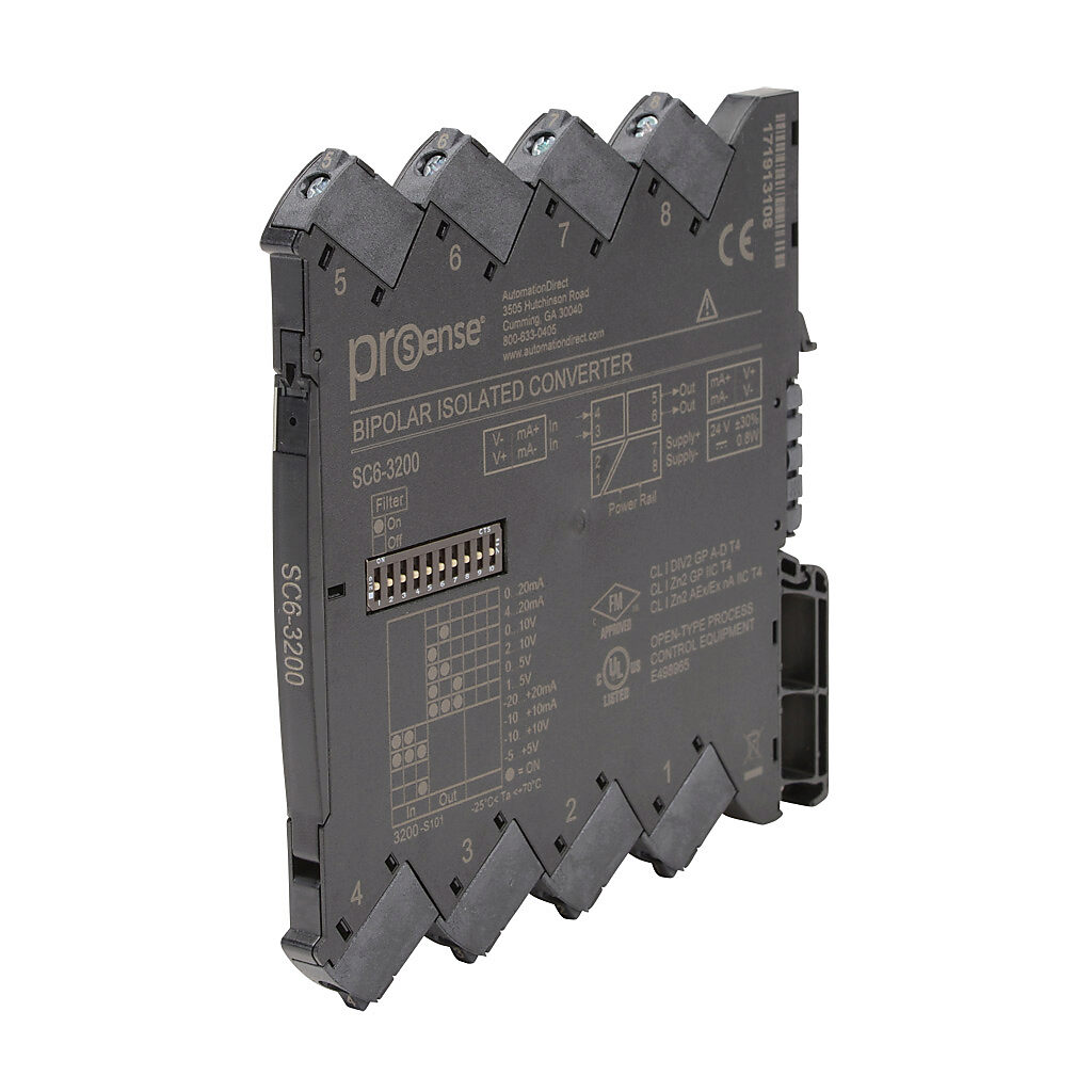 SC6-3200 - ProSense signal conditioner, isolated, Input: 1-channel, bipolar current/voltage, Output: 1-channel, current/voltage, 24 VDC operating voltage, 35mm DIN rail mount.
