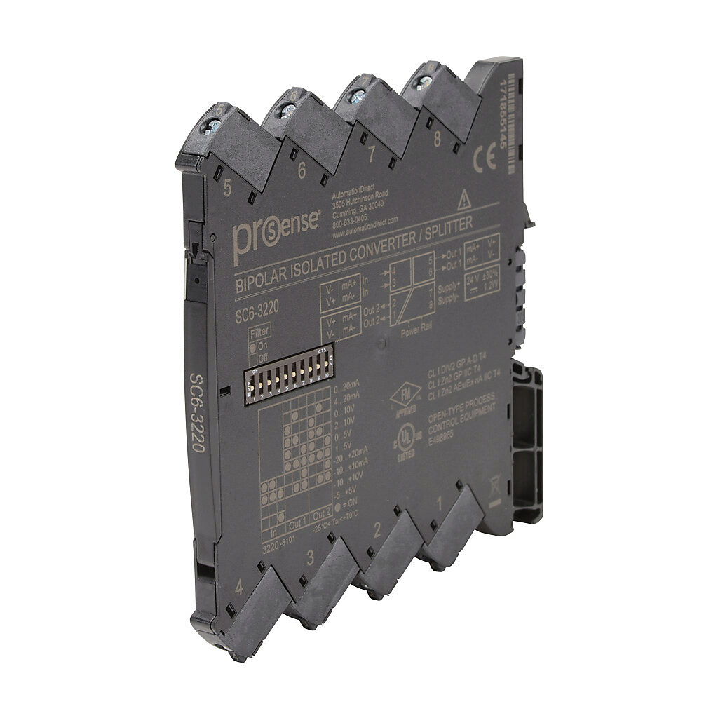 SC6-3220 - ProSense signal conditioner, isolated, Input: 1-channel, bipolar current/voltage, Output: 2-channel, current/voltage, 24 VDC operating voltage, 35mm DIN rail mount.