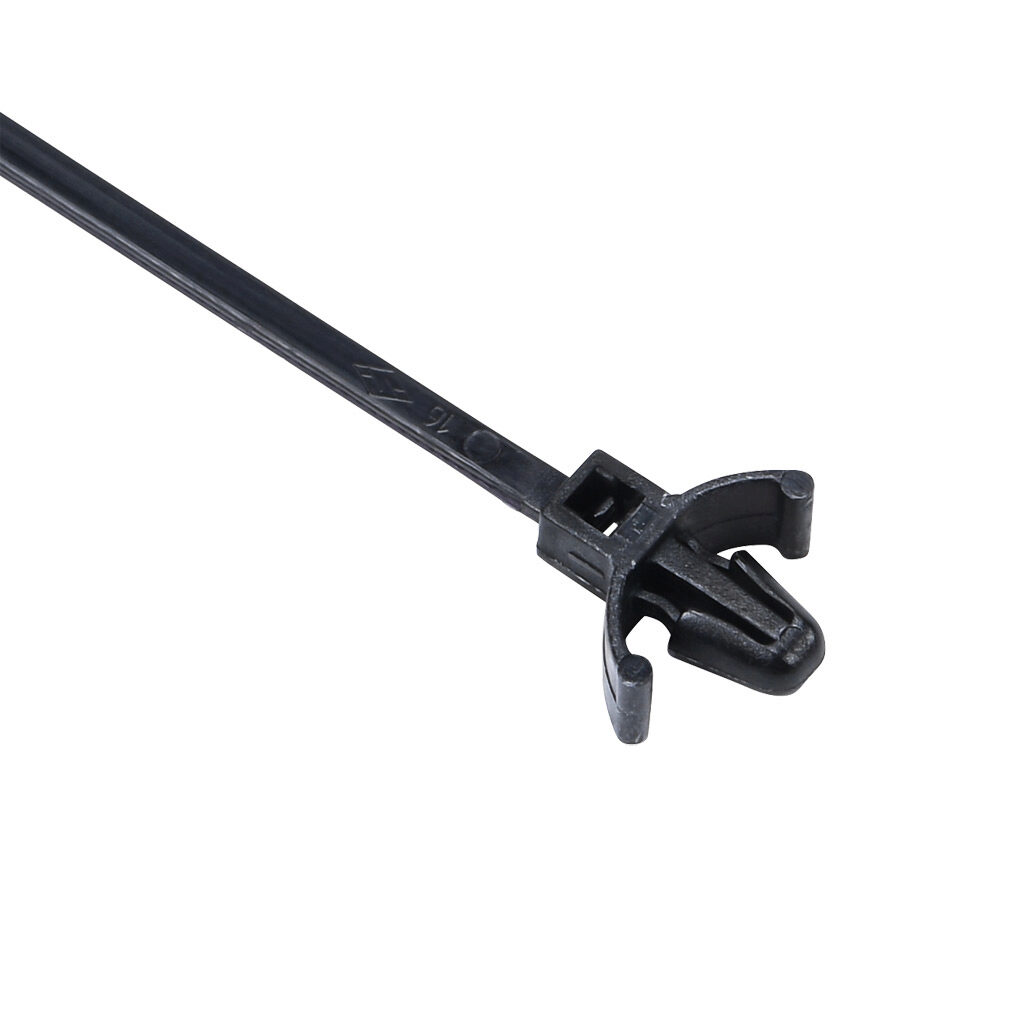 SCA.3.202 - SapiSelco winged push in panel cable tie, general purpose, nylon 6.6, 3.94in length, 0.1in width, 19lb tensile strength, 0.94in maximum bundle diameter, black. Package of 100.