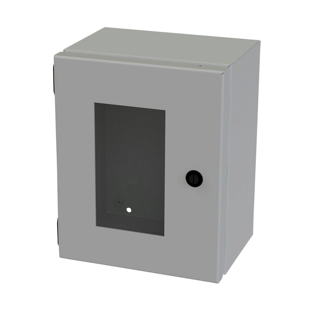 SCE-10086ELJW - Saginaw Enviroline Junction series enclosure, NEMA 3R/4/12/13, 10 x 8 x 6in (HxWxD), wall mount, carbon steel, ANSI 61 gray, powder coat finish, single-door, 1/4-turn semi-flush latch, polycarbonate window.