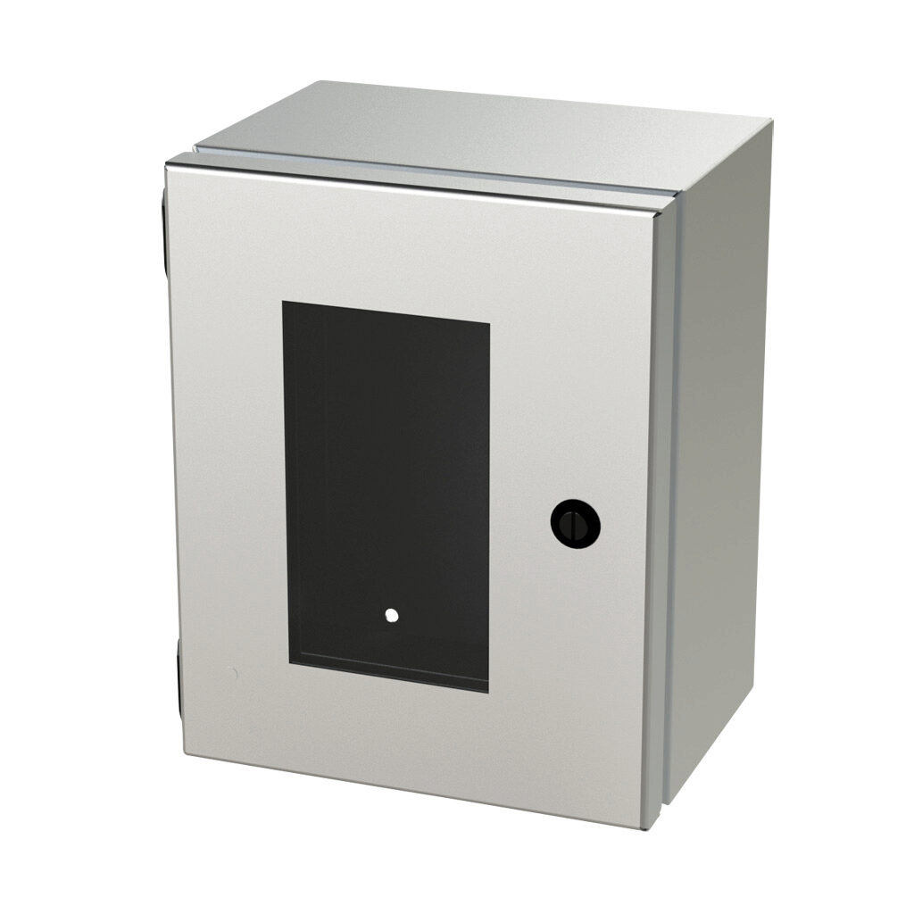 SCE-10086ELJWSS - Saginaw Enviroline Junction series enclosure, NEMA 3R/4/4X/12/13, 10 x 8 x 6in (HxWxD), wall mount, 304 stainless steel, #4 brush finish, single-door, 1/4-turn semi-flush latch, polycarbonate window.