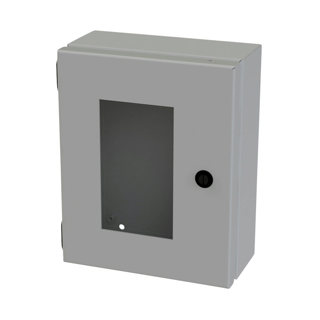 SCE-1008ELJW - Saginaw Enviroline Junction series enclosure, NEMA 3R/4/12/13, 10 x 8 x 4in (HxWxD), wall mount, carbon steel, ANSI 61 gray, powder coat finish, single-door, 1/4-turn semi-flush latch, polycarbonate window.