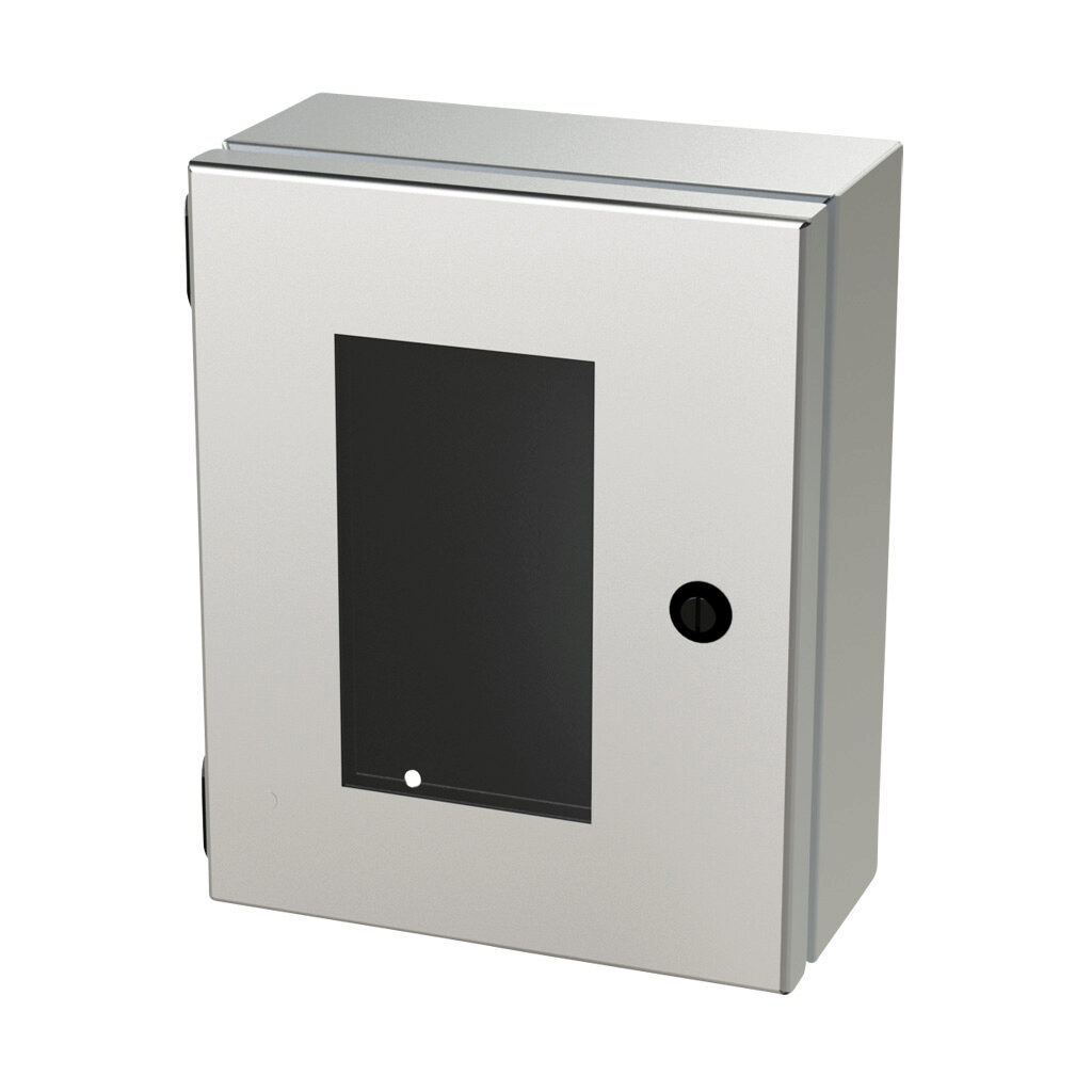 SCE-1008ELJWSS6 - Saginaw Enviroline Junction series enclosure, NEMA 3R/4/4X/12/13, 10 x 8 x 4in (HxWxD), wall mount, 316L stainless steel, #4 brush finish, single-door, 1/4-turn semi-flush latch, polycarbonate window.