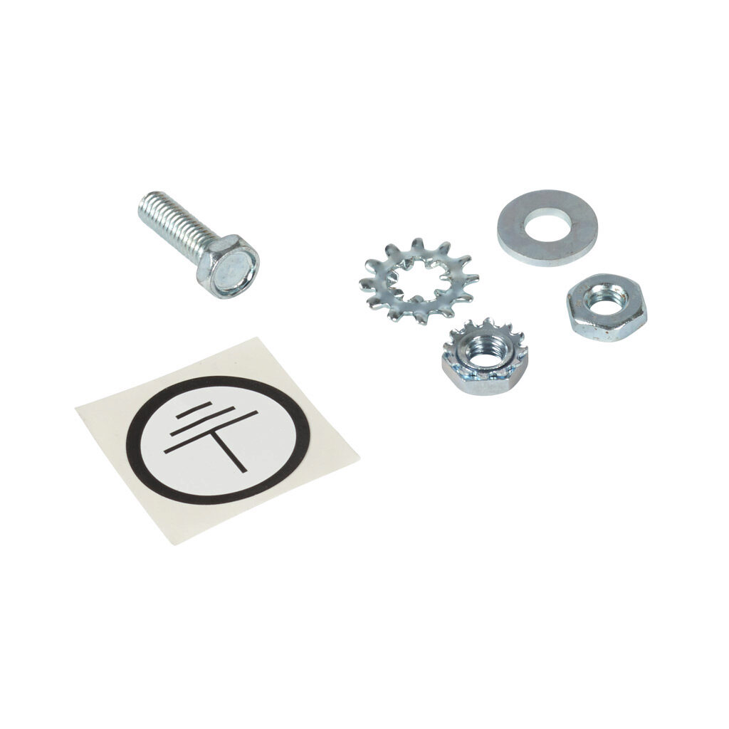 SCE-101966 - Saginaw ground screw, #10-32 UNF x 0.625in, hex head. For use with #10-32 subpanel mounts. Hex nut, kep nut, flat washer, lock washer and grounding label included.