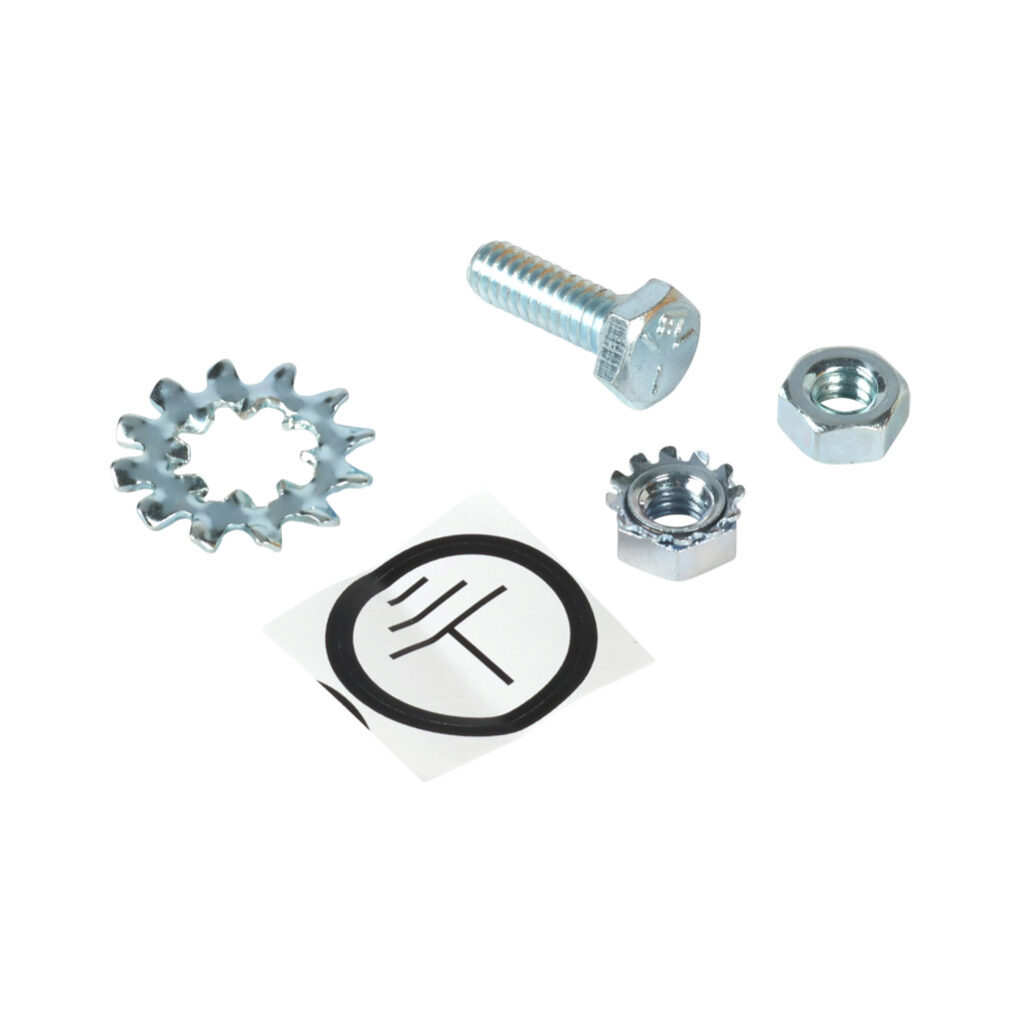 SCE-102297 - Saginaw ground screw, 1/4-20 UNC x 0.625in, hex head. For use with 3/8-16 subpanel mounts. Hex nut, kep nut, lock washer and grounding label included.