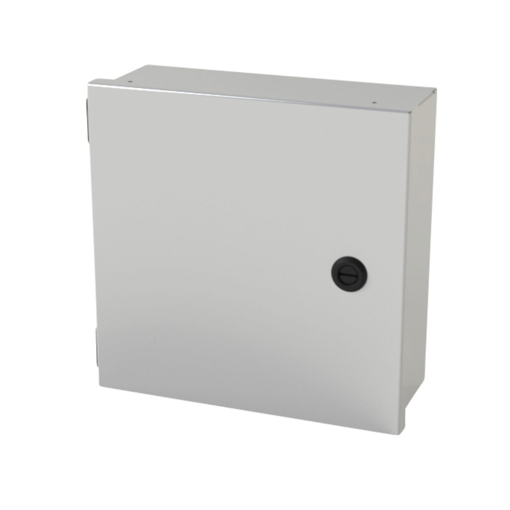 SCE-10N1004LP - Saginaw enclosure, NEMA 1, 10 x 10 x 4in (HxWxD), wall mount, carbon steel, ANSI 61 gray, powder coat finish, single-door, 1/4-turn semi-flush latch.