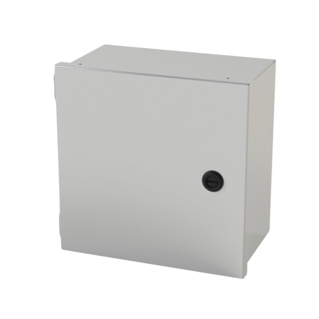 SCE-10N1006LP - Saginaw enclosure, NEMA 1, 10 x 10 x 6in (HxWxD), wall mount, carbon steel, ANSI 61 gray, powder coat finish, single-door, 1/4-turn semi-flush latch.