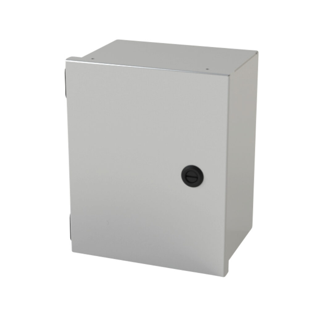 SCE-10N806LP - Saginaw enclosure, NEMA 1, 10 x 8 x 6in (HxWxD), wall mount, carbon steel, ANSI 61 gray, powder coat finish, single-door, 1/4-turn semi-flush latch.