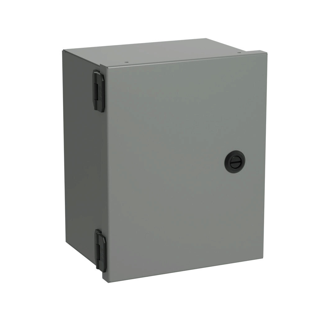 SCE-10N806NKLP - Saginaw enclosure, NEMA 1, 10 x 8 x 6in (HxWxD), wall mount, with knockouts, carbon steel, ANSI 61 gray, powder coat finish, single-door, 1/4-turn semi-flush latch.
