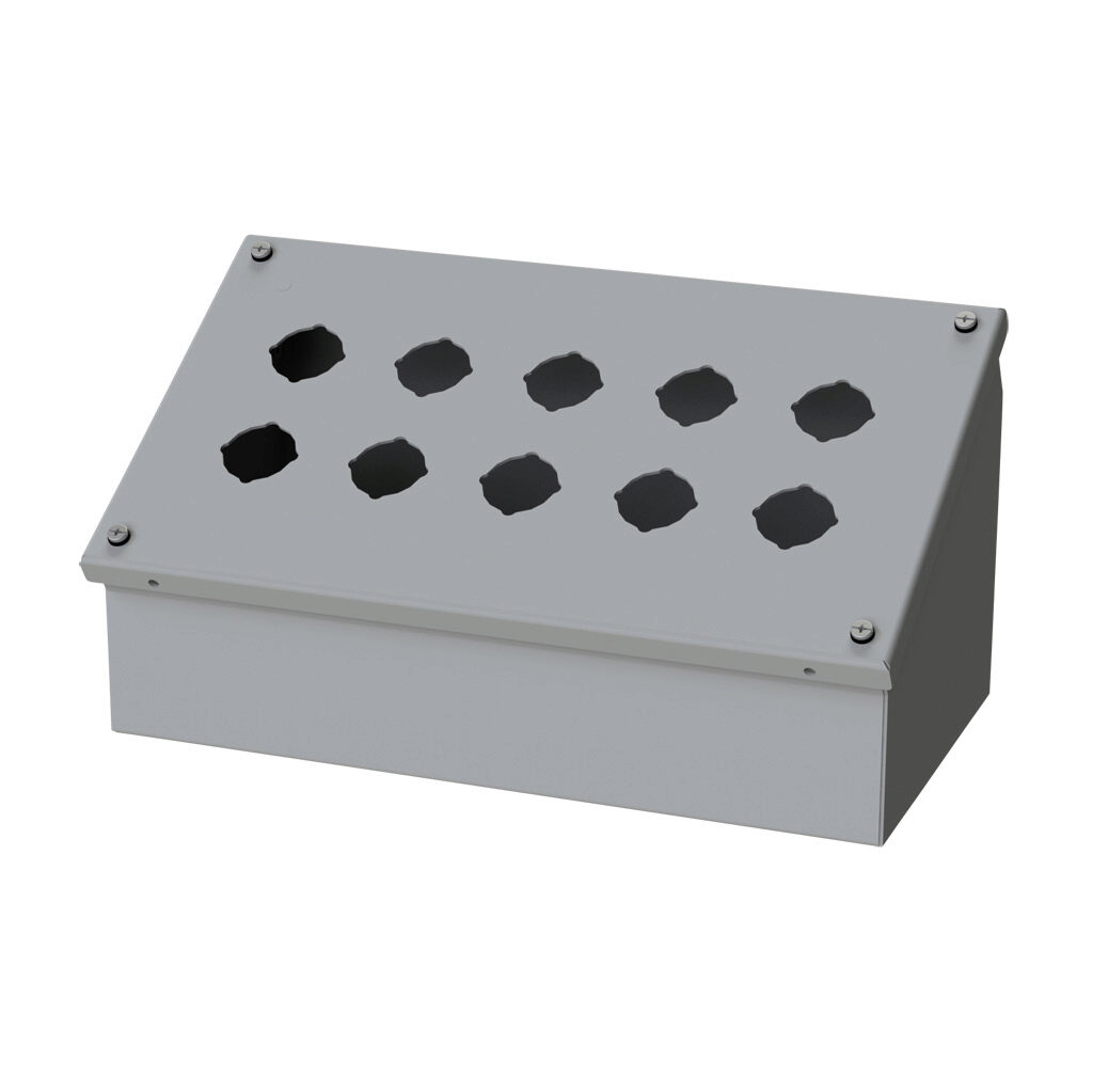 SCE-10PBA - Saginaw pushbutton consolet, 10 holes, 30mm, NEMA 4/12/13, 7 x 13 x 7in (HxWxD), wall mount, carbon steel, ANSI 61 gray, powder coat finish, screw cover.