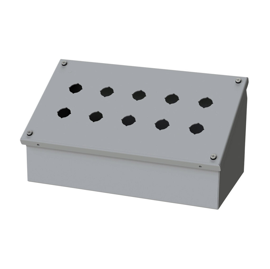 SCE-10PBAI - Saginaw pushbutton consolet, 10 holes, 22mm, NEMA 4/12/13, 7 x 13 x 7in (HxWxD), wall mount, carbon steel, ANSI 61 gray, powder coat finish, screw cover.