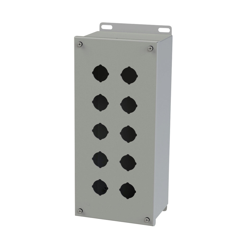 SCE-10PBX - Saginaw pushbutton enclosure, 10 holes, 30mm, NEMA 4/12/13, 14 x 7 x 5in (HxWxD), wall mount, carbon steel, ANSI 61 gray, powder coat finish, screw cover.