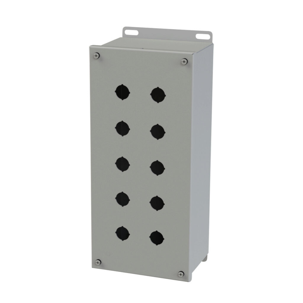 SCE-10PBXI - Saginaw pushbutton enclosure, 10 holes, 22mm, NEMA 4/12/13, 14 x 7 x 5in (HxWxD), wall mount, carbon steel, ANSI 61 gray, powder coat finish, screw cover.