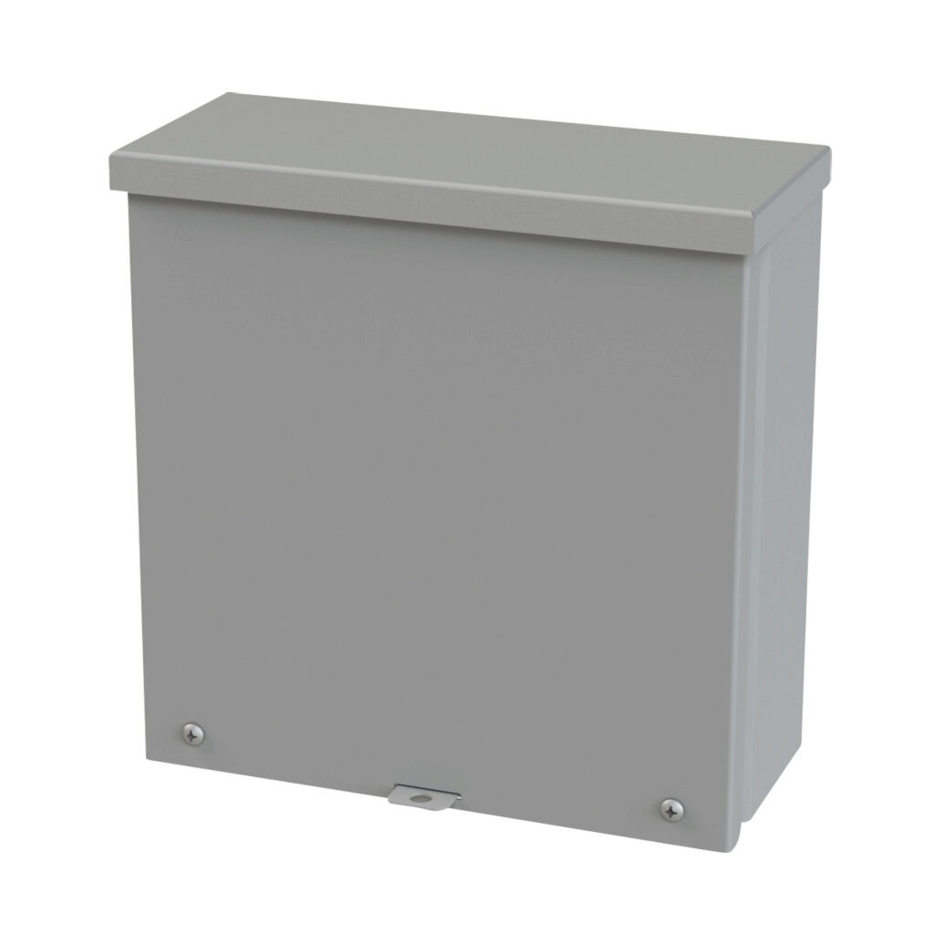 SCE-10R104 - Saginaw enclosure, NEMA 3R, 10 x 10 x 4in (HxWxD), wall mount, carbon steel, ANSI 61 gray, powder coat finish, screw cover, padlock hasp and staple.