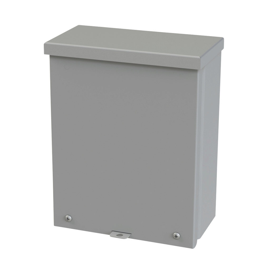 SCE-10R84 - Saginaw enclosure, NEMA 3R, 10 x 8 x 4in (HxWxD), wall mount, carbon steel, ANSI 61 gray, powder coat finish, screw cover, padlock hasp and staple.