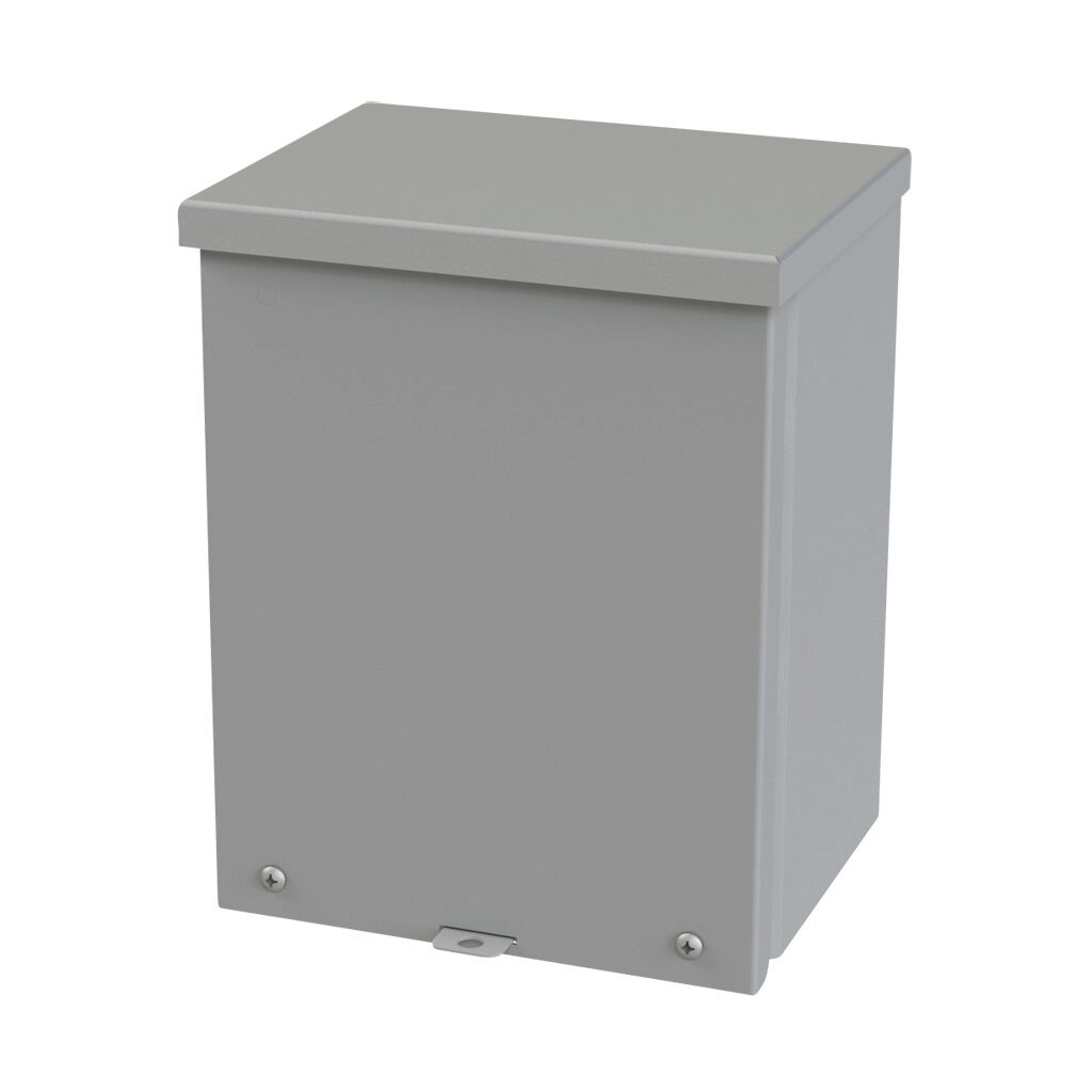 SCE-10R86 - Saginaw enclosure, NEMA 3R, 10 x 8 x 6in (HxWxD), wall mount, carbon steel, ANSI 61 gray, powder coat finish, screw cover, padlock hasp and staple.